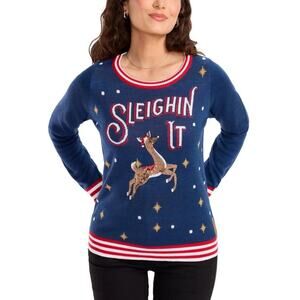 Tipsy Elves Navy & Red "Sleighin It" Ugly Christmas Sweater Women's Size Small